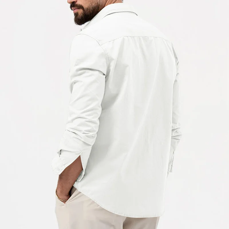 Men's Autumn Winter Elegant Turn Collar Business Multi Pockets Long Sleeve Shirt