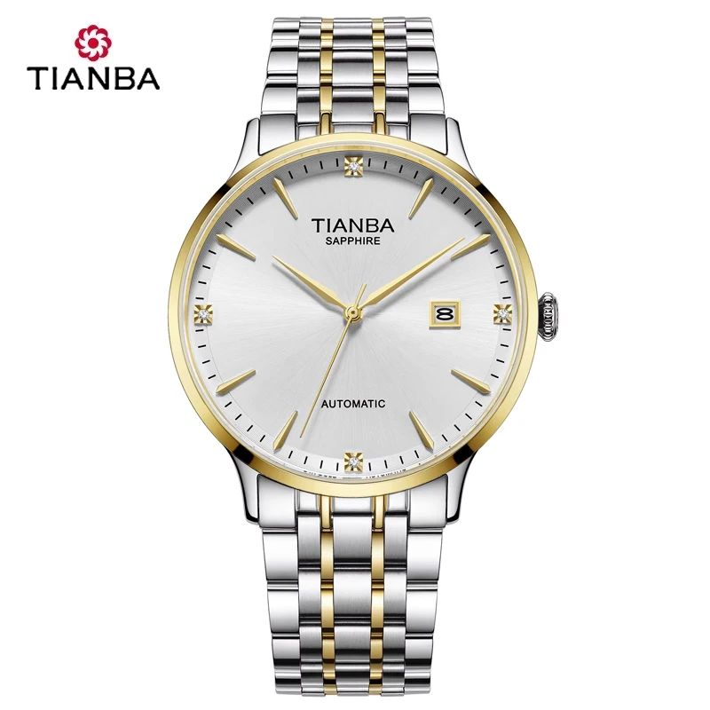 TIANBA Orologio meccanico automatico originale Orologio da uomo impermeabile Display calendario Cinturino scheletrato in acciaio inossidabile 6040