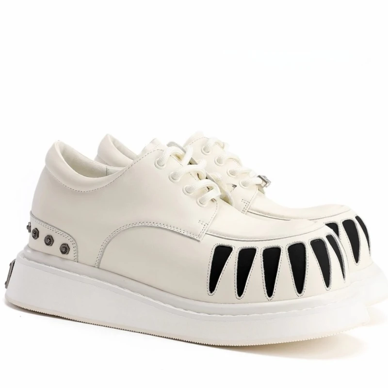 

White/Black Wide Version Derby Shoes for Men's Genuine Leather Breathable Casual Board Shoes Comfortable Height Increasing Shoes