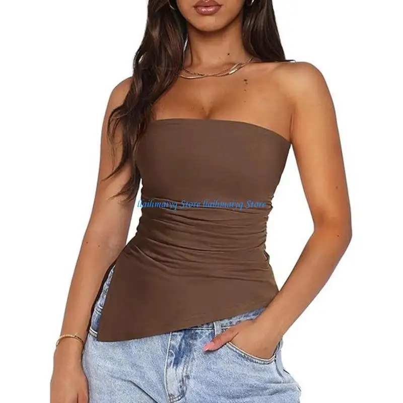 573B Sleeveless Strapless Tube Top Pleated Ruched Side Split Bandeau Shirt for Women