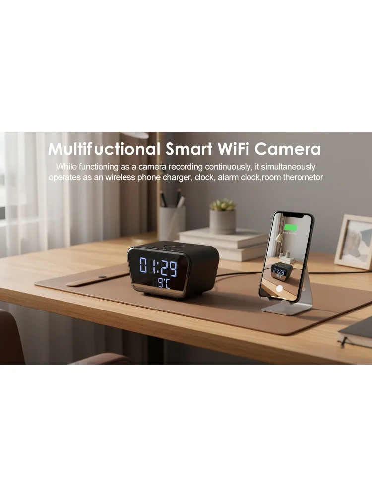 4K UHD-Kamera mit 16GB SD-Karte, 5-in-1 Kabelloses Ladegerät Uhr Wecker Thermometer