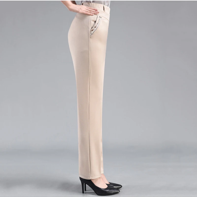 Brand Casual Pants Woman Winter Fleece Fashion High Waist Elegant Slim Black Straight Pants Thicken Large Size Trousers