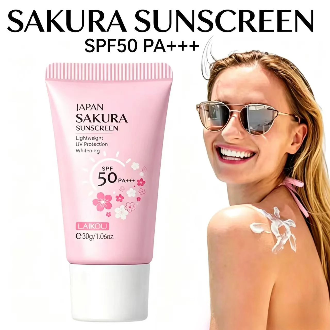 LAIKOU Sakura Crema Protectora Solar SPF50+ Protección UV para Rostro y Cuerpo Refrescante, Resistente al Agua, Hidratante y Correctora 30g ﻿
