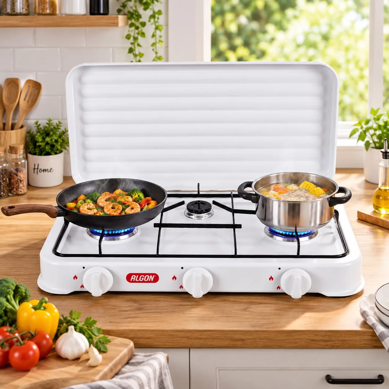 Estufa de Gas Portátil con 3 Quemadores Independientes y Tapa Protectora, Cocina de Metal Blanca para Camping, Jardín y Emergencias, Hornillo Multiusos con Rejillas de Alta Resistencia