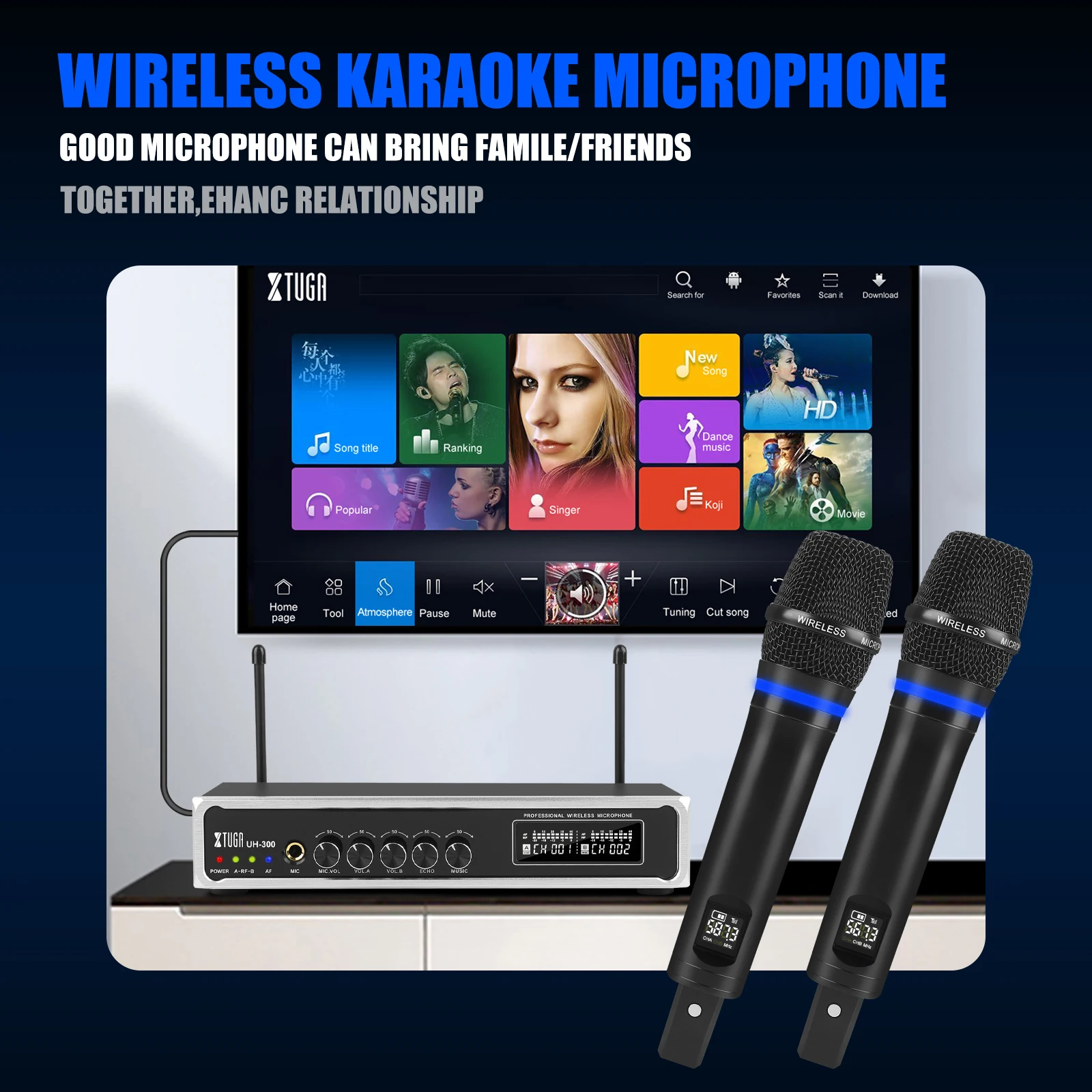 XTUGA UH300 UHF Professional Wireless Full Metal Karaoke Mic with ECHO Effect Bluetooth for Karaoke Party Meeting Speech Stage