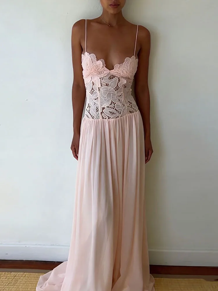 Casual kanten patchwork strandjurk Dame sexy laag uitgesneden feestjurk met V-hals Lente zomer mouwloze jarretel chiffon lange jurk - afbeelding 2