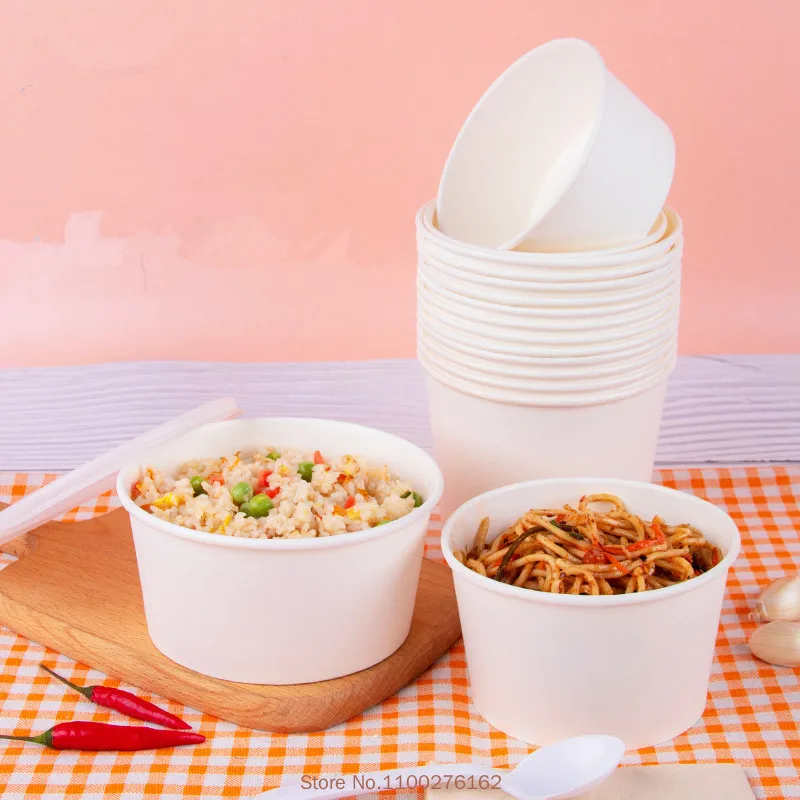 50pcs/pack Large Capacity White Paper Bowl Fast Food Storage Disposable Food Package Plastic Lid