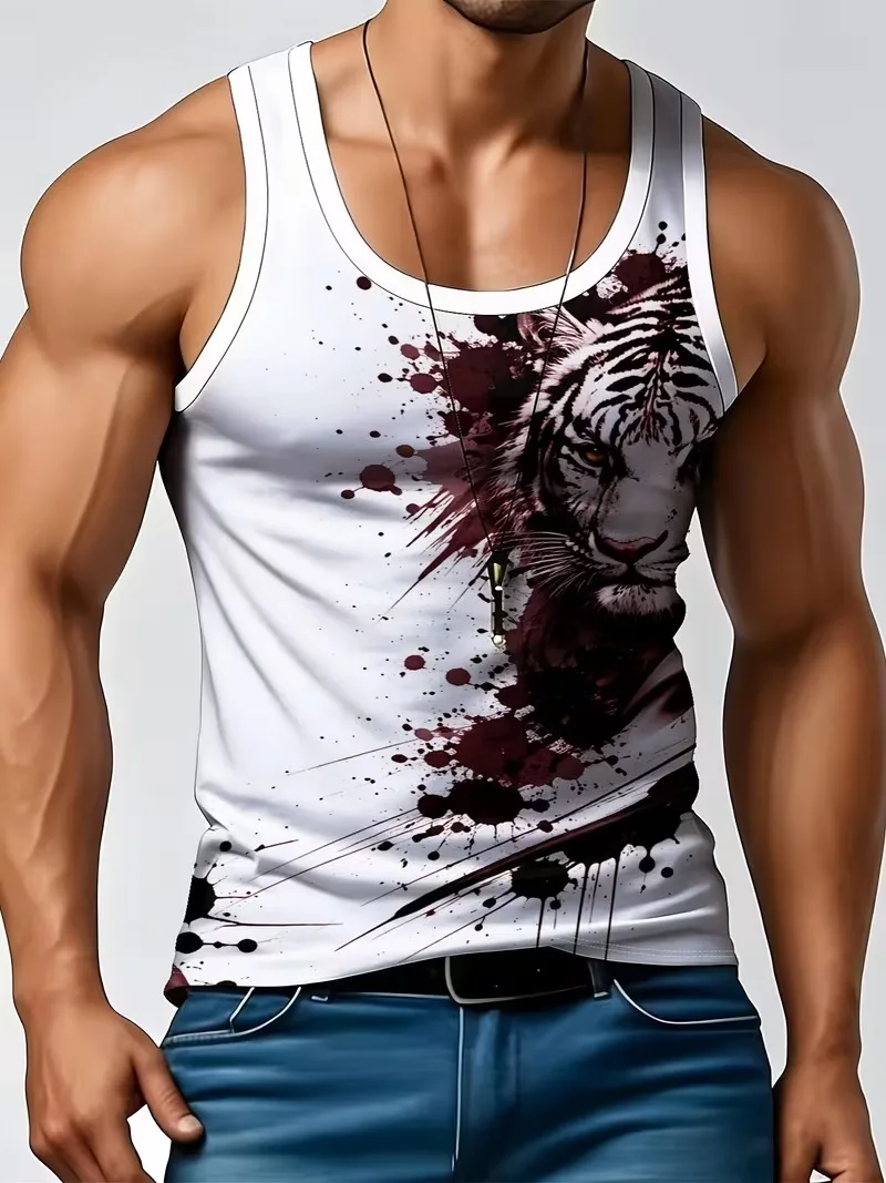 Funny 3D Black white tiger Print Men's Tank Top Fashion Sports Tees Casual Sleeveless Shirt Summer Breathable Loose Gym Man Vest
