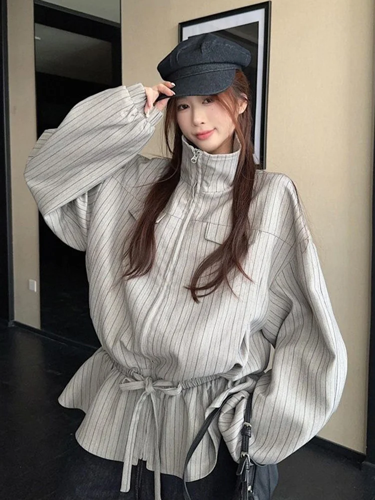 

Vintage Sweet Striped Jacket Women Slim Long Sleeve Stand Collar Spring Coat Korean Lace Up Female Casual Design Outwear Tops
