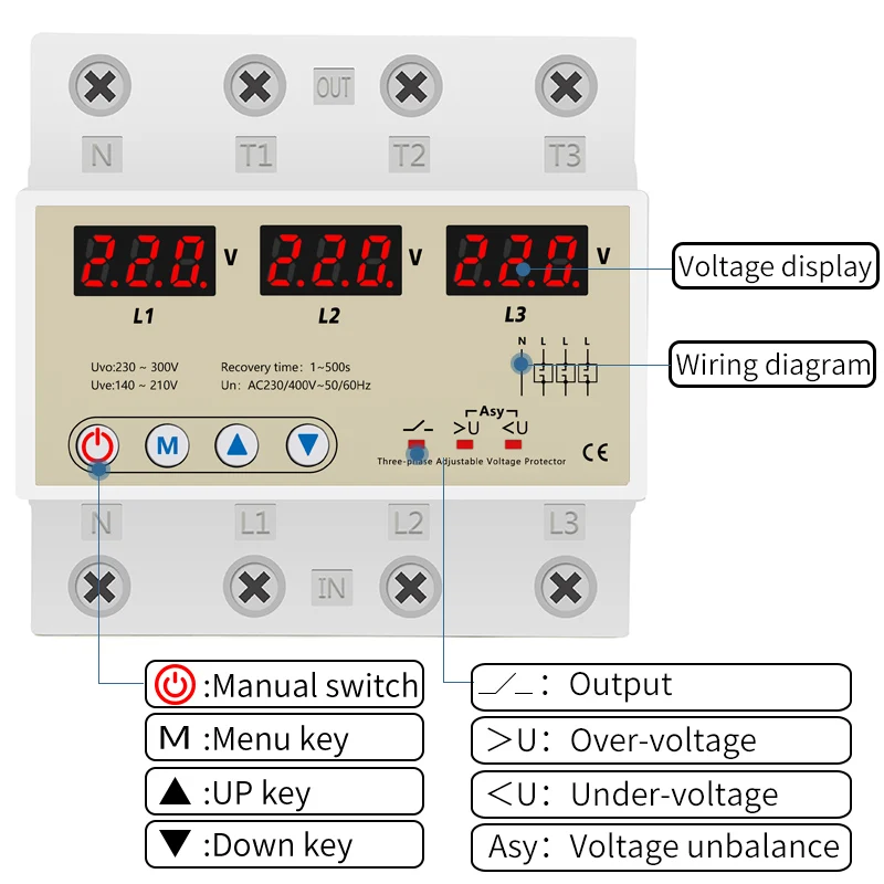 Imagem -05 - Dispositivo Protetor Trifásico Ajustável sobre e sob a Tensão Protetor de Tensão do Trilho do Ruído da Recuperação Automática 63a 380v
