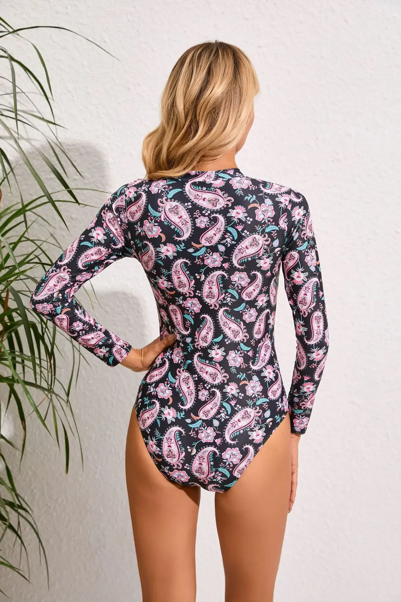 Bañador Sexy de manga larga con cremallera para mujer, traje de baño de una pieza, Monokini Floral, ropa de baño para surfear, ropa femenina 2024