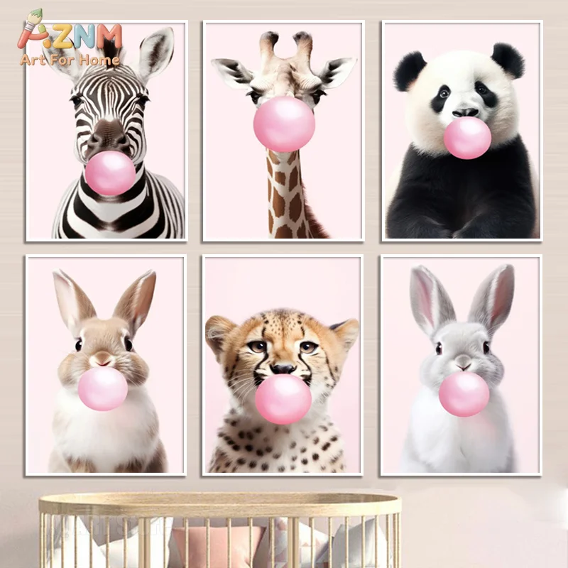 Cute Pink Panda Giraffe Bunny Cheetah Zebra Blowing Bubble Gum Poster Nursery Canvas Painting Animal Print for Kids Room Deco