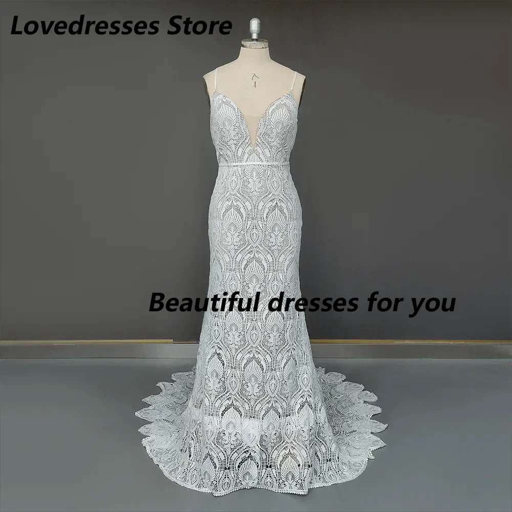 

Элегантные свадебные платьяb Сексуальные длинные свадебные платья на тонких бретельках с v-образным вырезом Кружевные свадебные платья русалки со шлейфом по индивидуальному заказу
