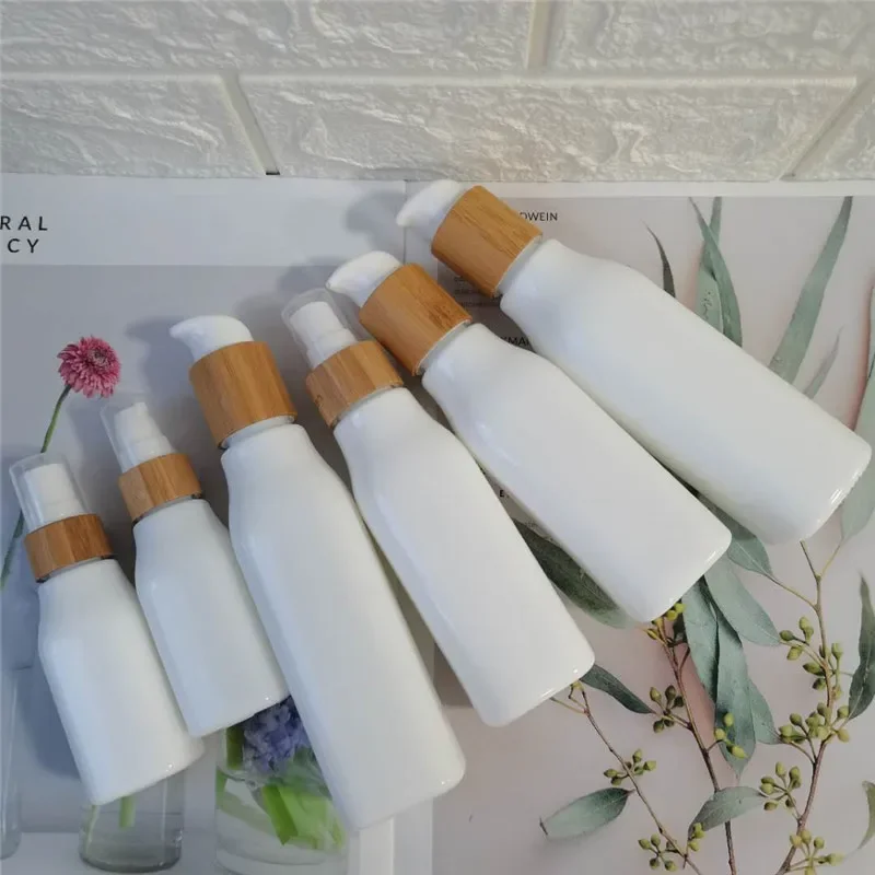 

whosesale high quality white porcelain bottle eco-friendly wooden lid bamboo cap empty spray bottles，shampoo soap washing bottle