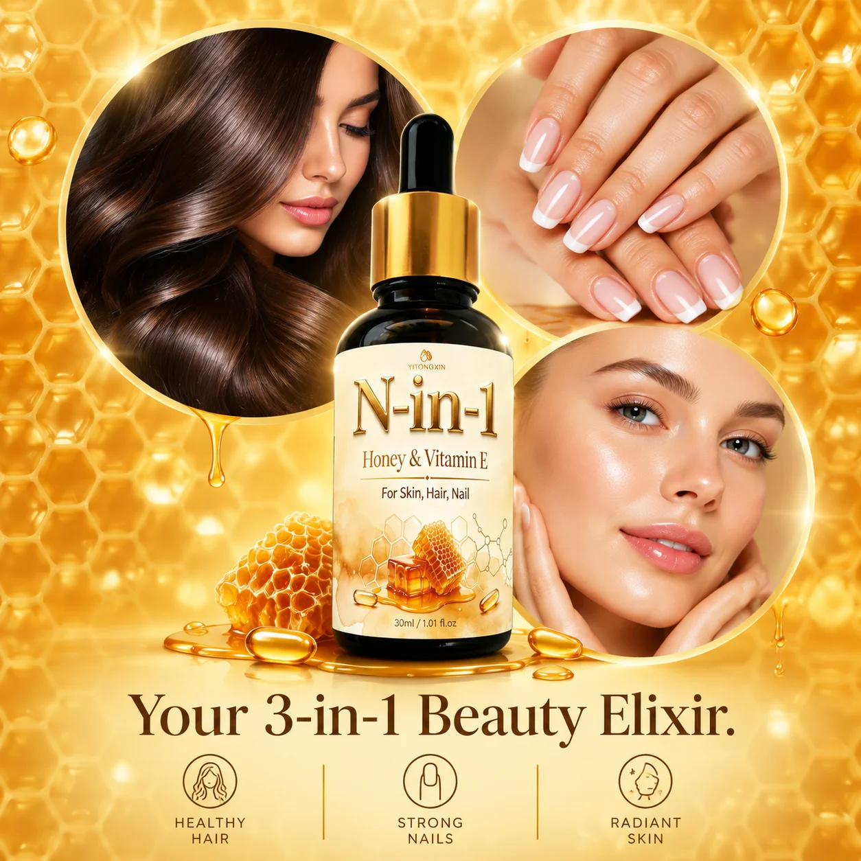 Cold-Pressed N-in-1 Honey Vitamin E Oil, Moisturizes Skin & Boosts Radiance Elasticity, Hair Nail Carrier, Jojoba Argan Castor
