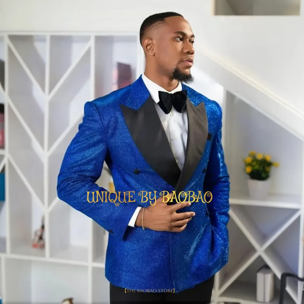 

Royal Blue Glitter Men's Wedding Dress Slimming Set 2-Piece (Jacket+Black Pants) Party Prom Peak Lapel Tailored Tuxedo