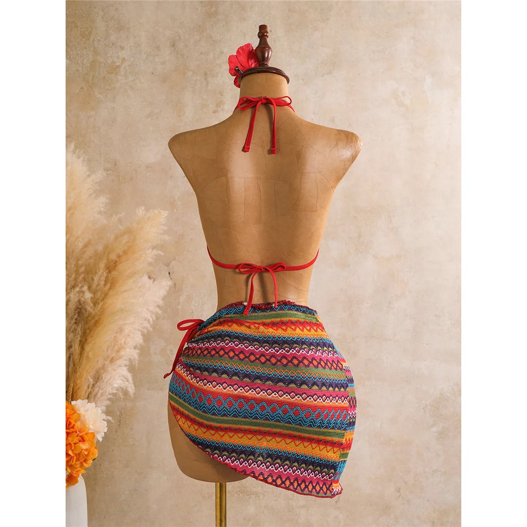 Bedruckter Bikini mit Sarong-Oberteil, Damen-Badeanzug, dreiteiliges Bikini-Set, gepolsterter Badeanzug, Badebekleidung, Modell V8332. – Detail 8