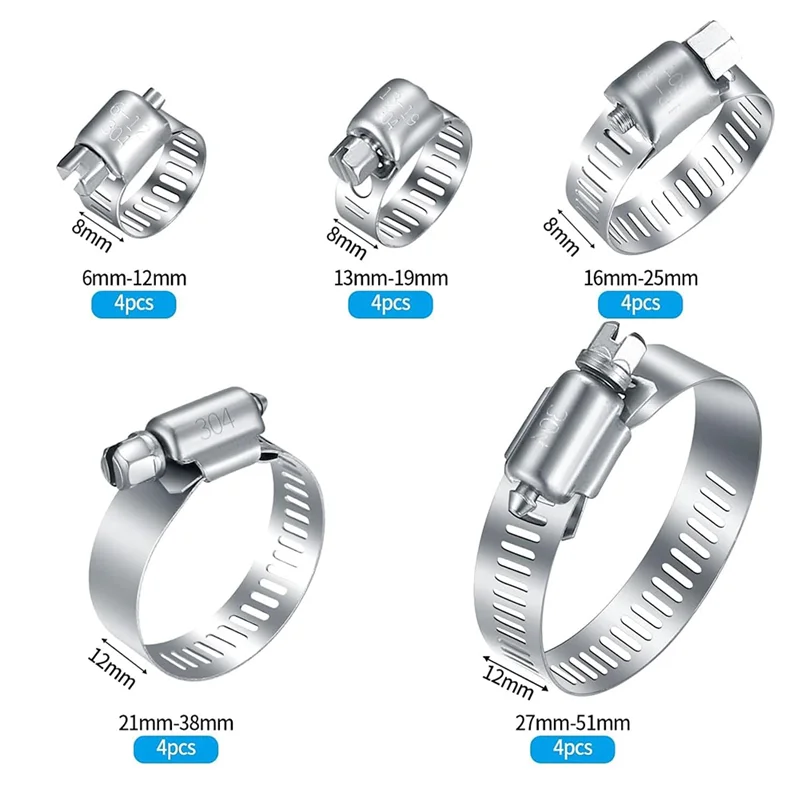 ABLL-20 قطعة مشابك خرطوم من الفولاذ المقاوم للصدأ، 1/4-2 بوصة (6-51 مم) مشابك خرطوم أنبوب تروس دودة قابلة للتعديل للسباكة والآلات