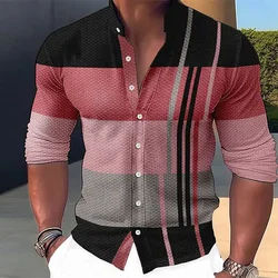 Summer Men's Shirt Striped Pattern Stand Collar Outdoor Street Long Sleeve Printed Clothing Fashion Street Button Design Top
