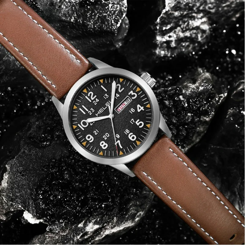 Men\'s Quartz Watch with 42mm Dial Day and Date Calendar Function Stainless Steel Watchcase Leather Strap Waterproof 30M