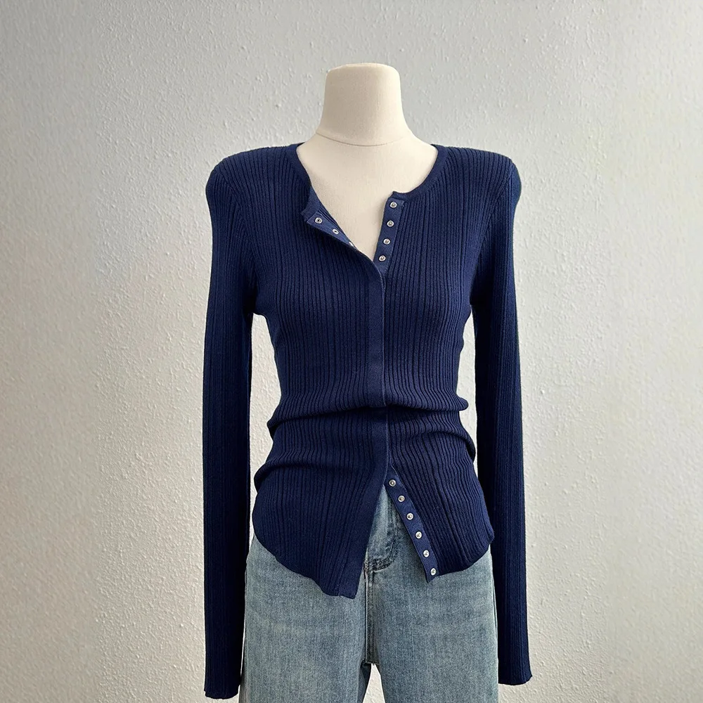 Women Premium Texture Knit Long Sleeve T Shirt Autumn Fashion Slim Fit Versatile Base Top Unique Open Front Knit Blouse Stylish