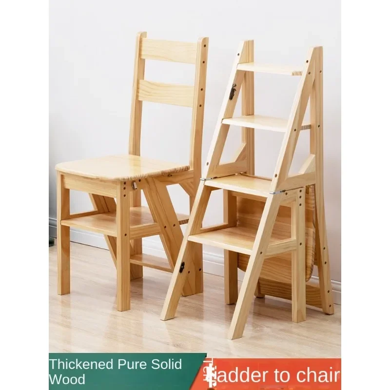 Expandable Solid Wood Ladder Chair Indoor Folding Stool with Cross-shaped Structure for Multipurpose Use