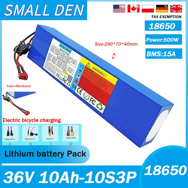 36V 10Ah 18650 10S3P Lithium ion Fuse+Fiber Board 500W Power Rechargeable Battery Outdoor Lighting Illumination Battery