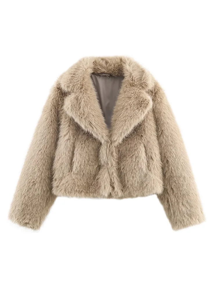 HH Women Winter Elegant Pocket Lapel Artificial Fur Thickened Temperament Coat Long Sleeve Hidden Button Solid Soft Short Jacket