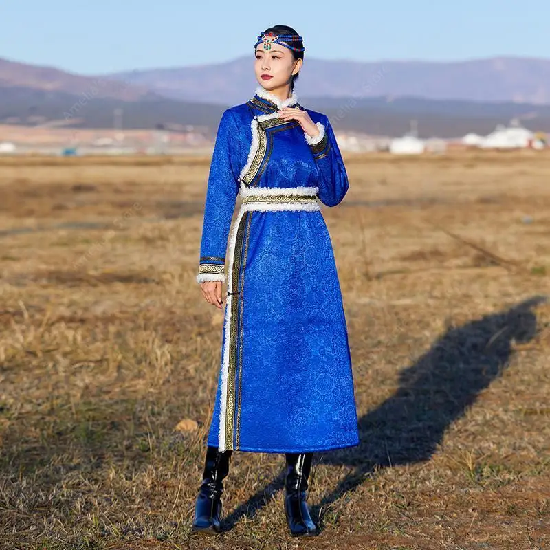 

Women's Mongolian Deel Robe Winter Warm Cotton Coat Traditional Ethnic Dress for Daily Wear/Wedding Ceremony