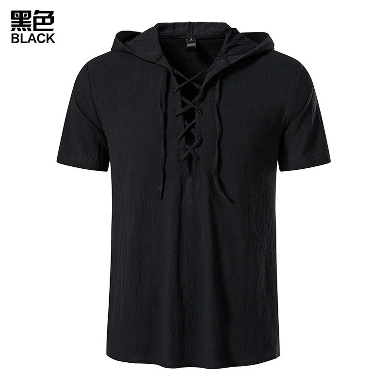 New Men's Cotton and Hemp T-shirt Summer Cotton and Hemp Hooded T-shirt Leisure Breathable T Chinese Style T-shirt