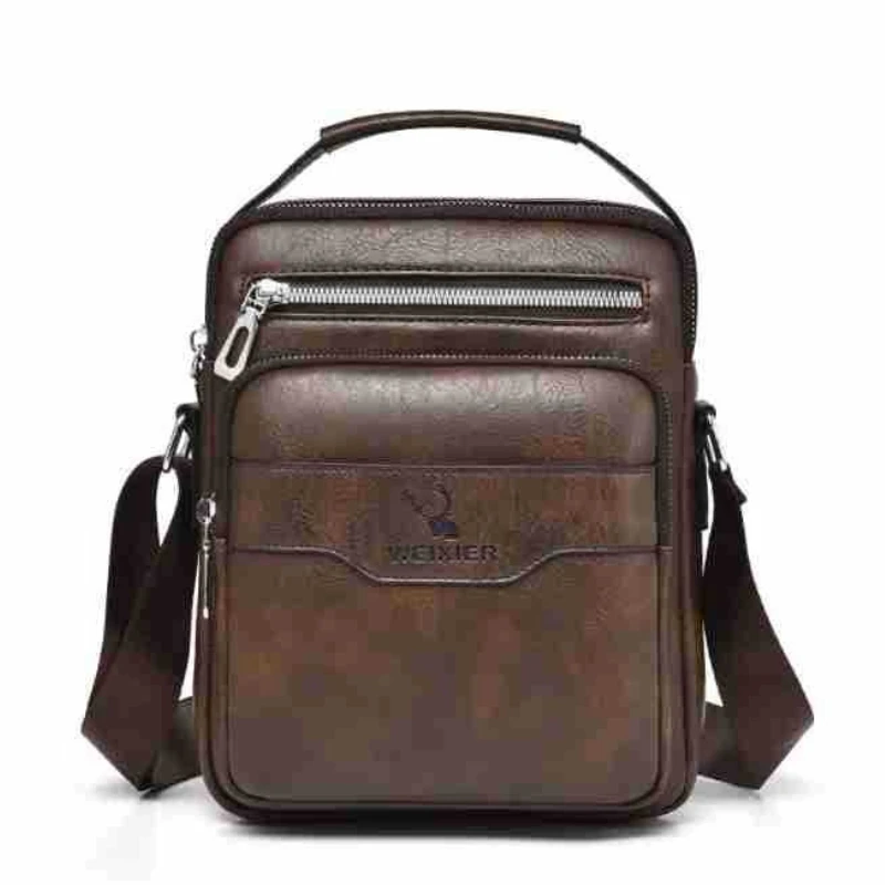 

Waterproof Vintage Brown PU Men Crossbody Bag Top Handle Adjustable Strap Multi Zipper Pocket Casual Messenger Purse