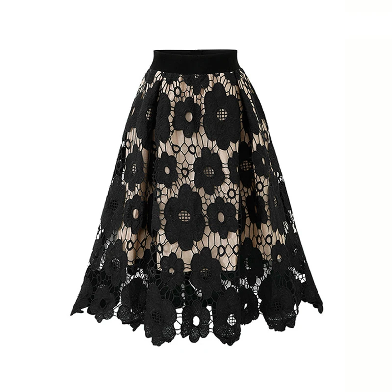 

Summer Boho Lace Skirts Women Vintage Mesh Hollow Out Plus Size Skirt Elastic Waist Elegant A-Line Midi Saias Black Red Green