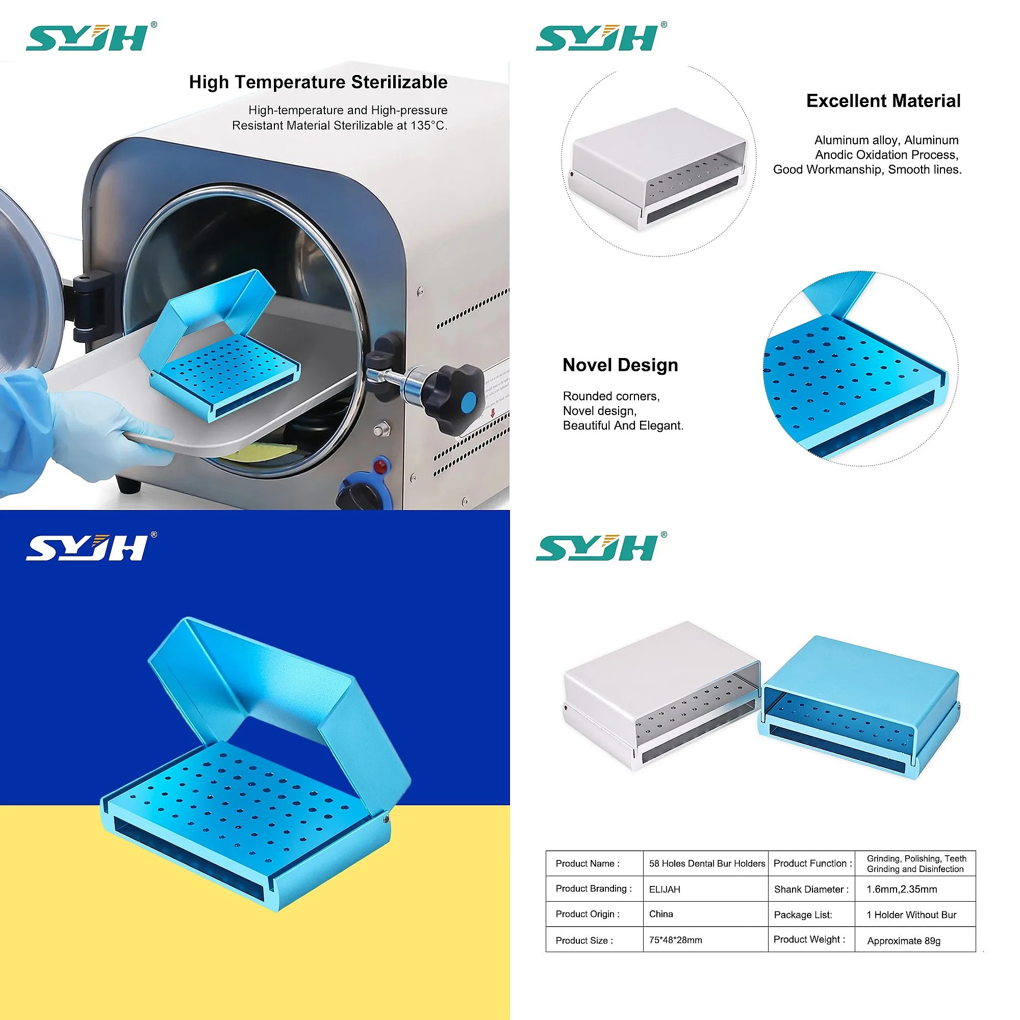 Dentals 58 Holes Sterilization Box Autoclavable Aluminum Alloy for High/Low Speed Burs Dentistry Tools
