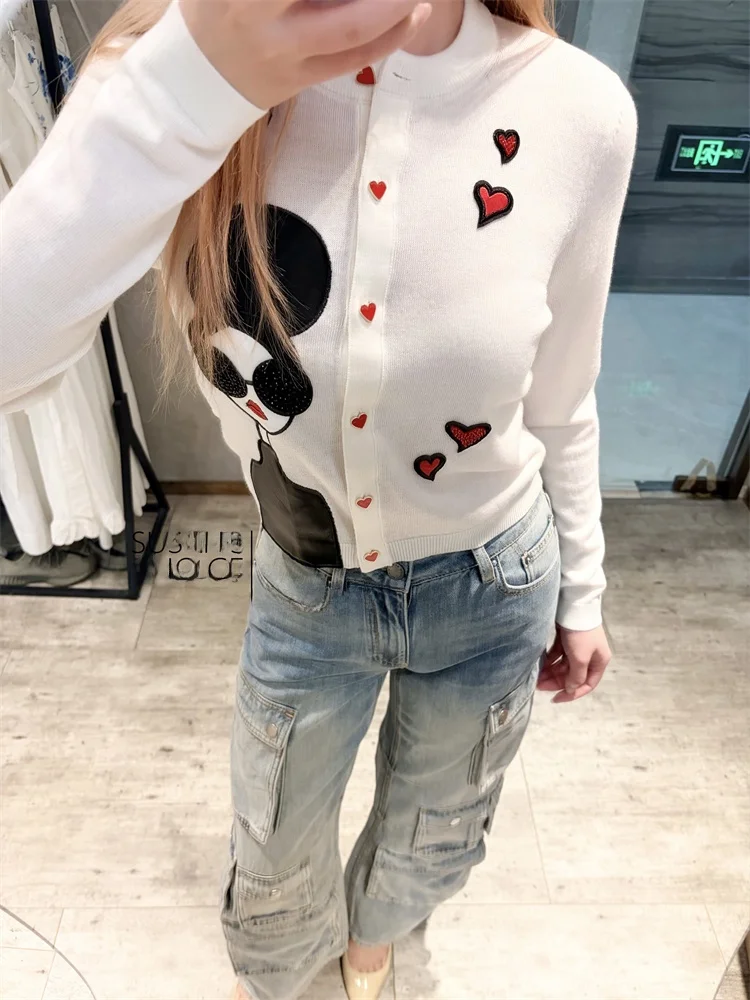 

AO Pure Original Faion Simple Autumn Winter Versatile White Cartoon Heart Embroidery Button round Ne Knitted Open Cardiga...