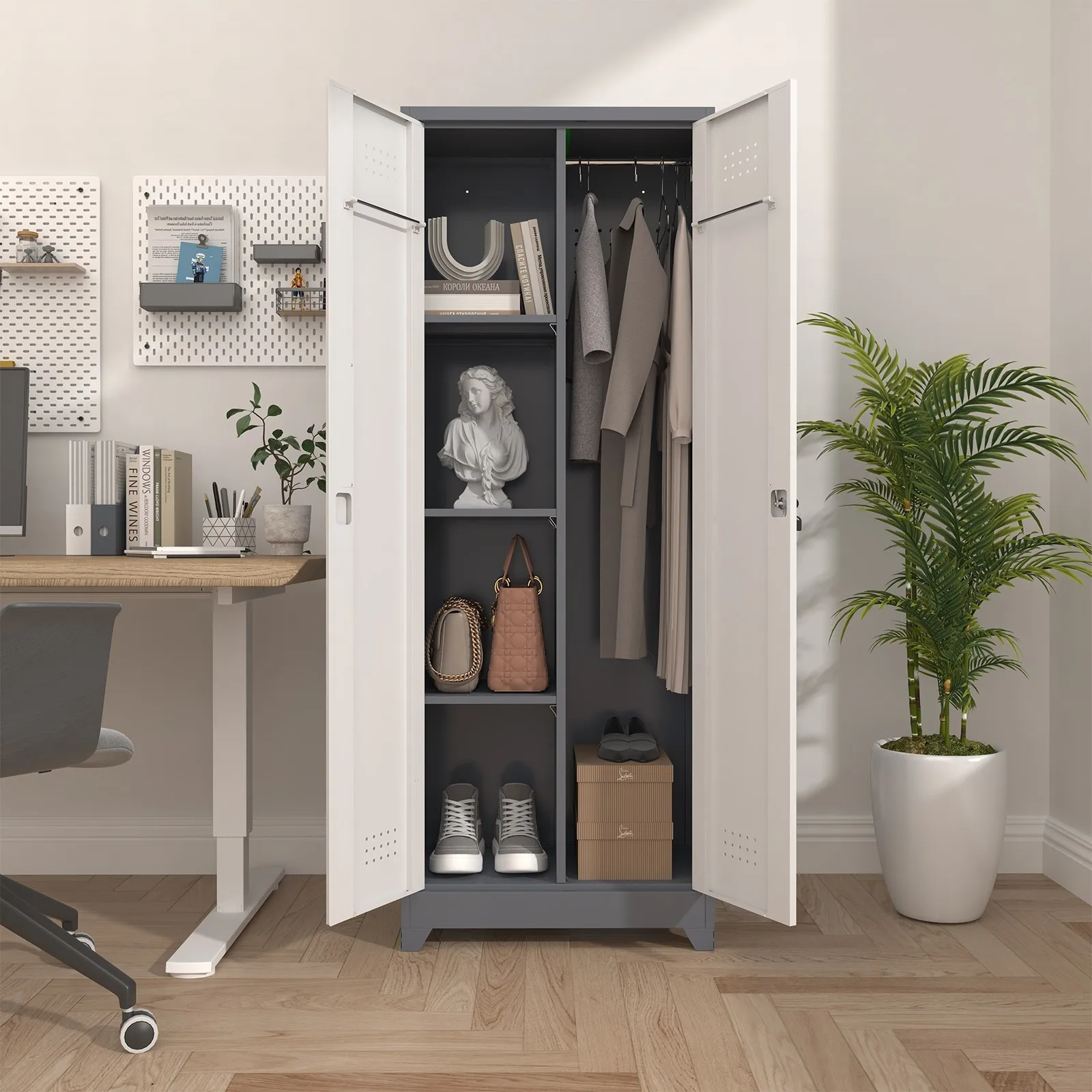 Metal Garage Storage Cabinets, Lockable Broom Closet Storage Cabinet with Doors