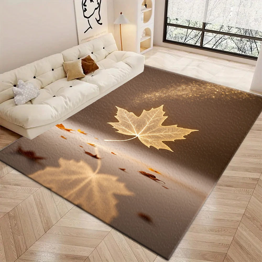 Golden Glowing Maple Leaf Carpet Flooring Warm Art Printed Floor Rug for Household Living Room Bedroom Interior Decor