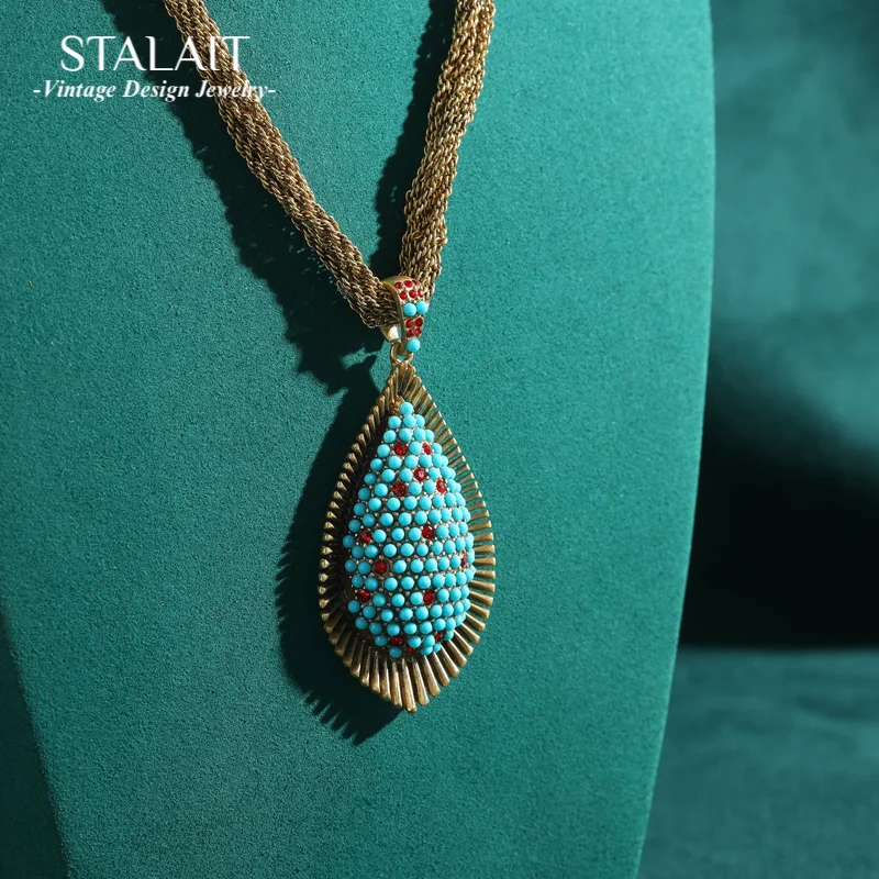 

Vintage Layered Twisted Chain Necklace Jewelry Turquoise Peacock Feather Pendant Luxury Designer Brands Women Accessories Party