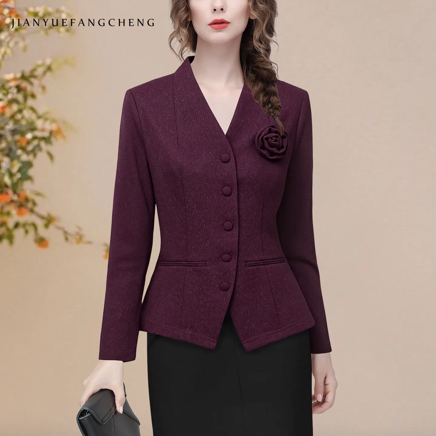 เสื้อเบลเซอร์ถักไหมพรมสีม่วง คอวี ทรงสั้น สไตล์วินเทจ สำหรับผู้หญิง แต่งลายดอกไม้ ช่วยพรางหุ่น กระชับเอว ทรงเข้ารูป