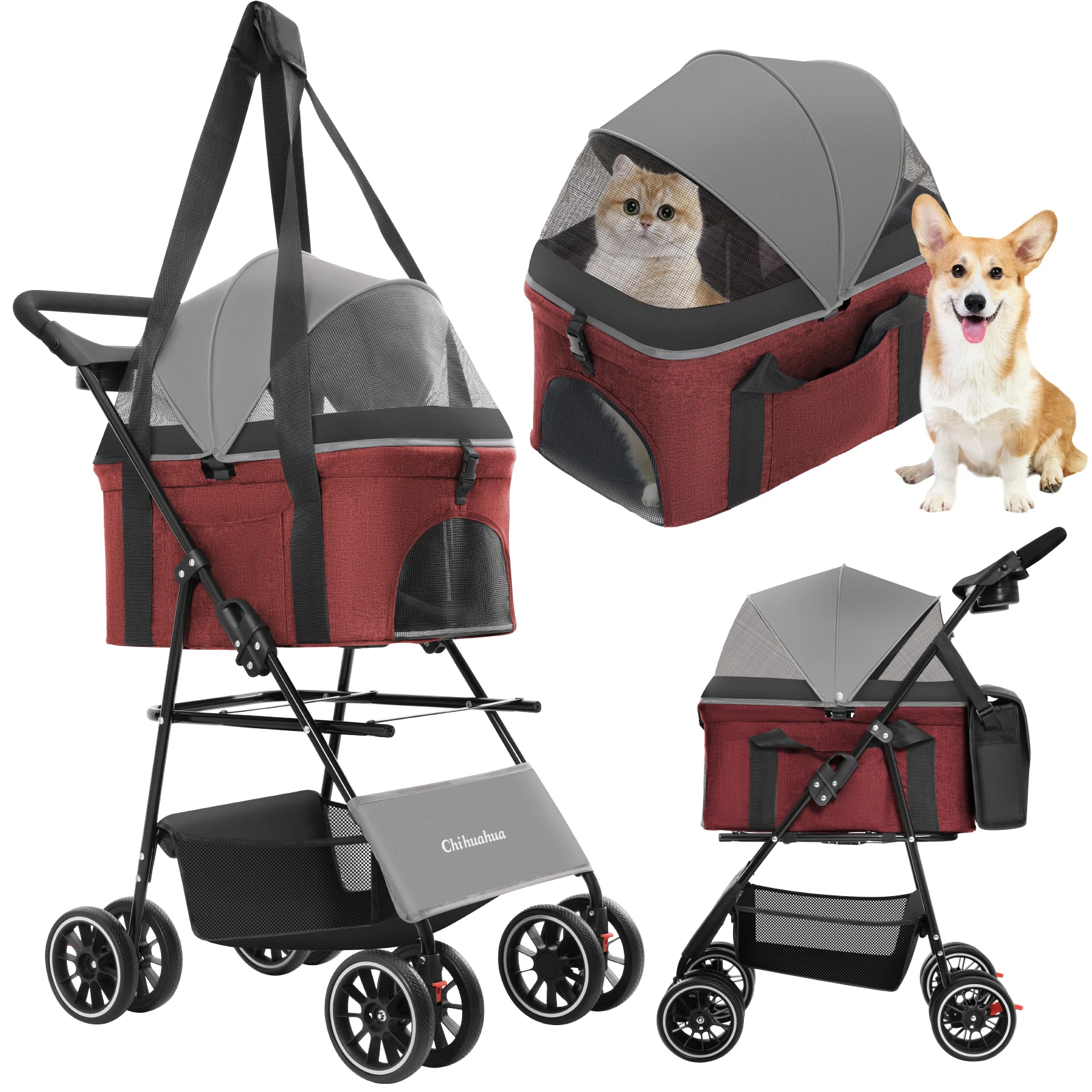 

2-in-1 Foldable 4-Wheel Pet Stroller for Small to Medium Dogs And Cats with Detachable Carrier Easy Lock Canopy