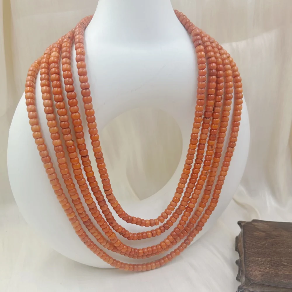 4x6mm 5-Strand Vintage Column Drum Natural Sea Bamboo Women Jewelry Short Collar Orange Coral Necklace 18-20inch