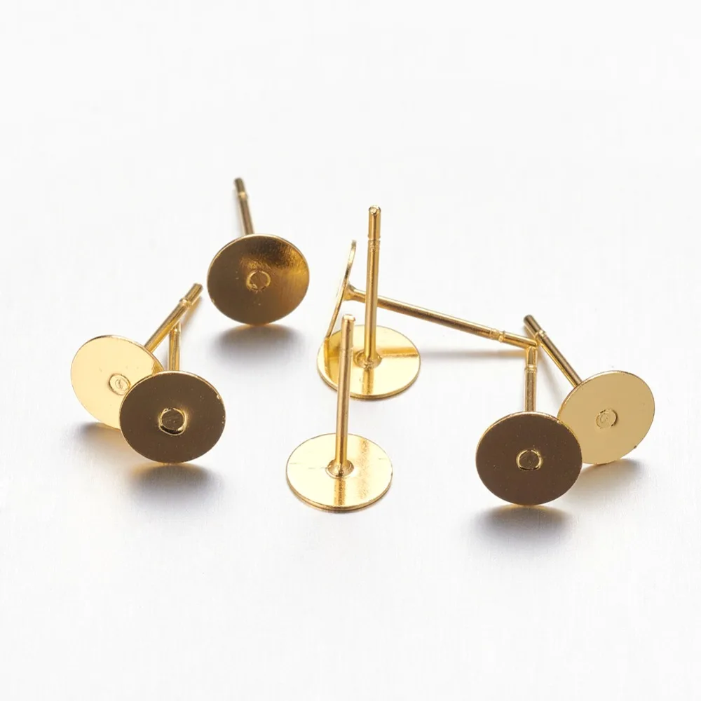 100pcs Stud Earring Settings Lead Free and Cadmium Free Brass Head and Stainless Steel Pin Golden Tray: 6mm Pin: 12mm