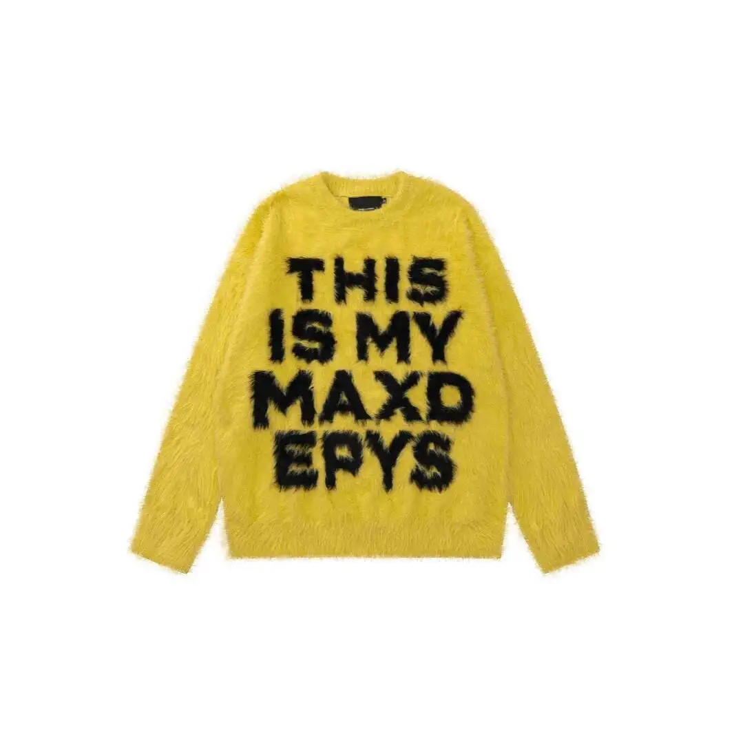 ユニセックスニットセーター 2026 春 レトロ カップルセーター レタープリント フェイクファー ラフスタイル ユニセックス ルーズ カジュアル ニットアウター