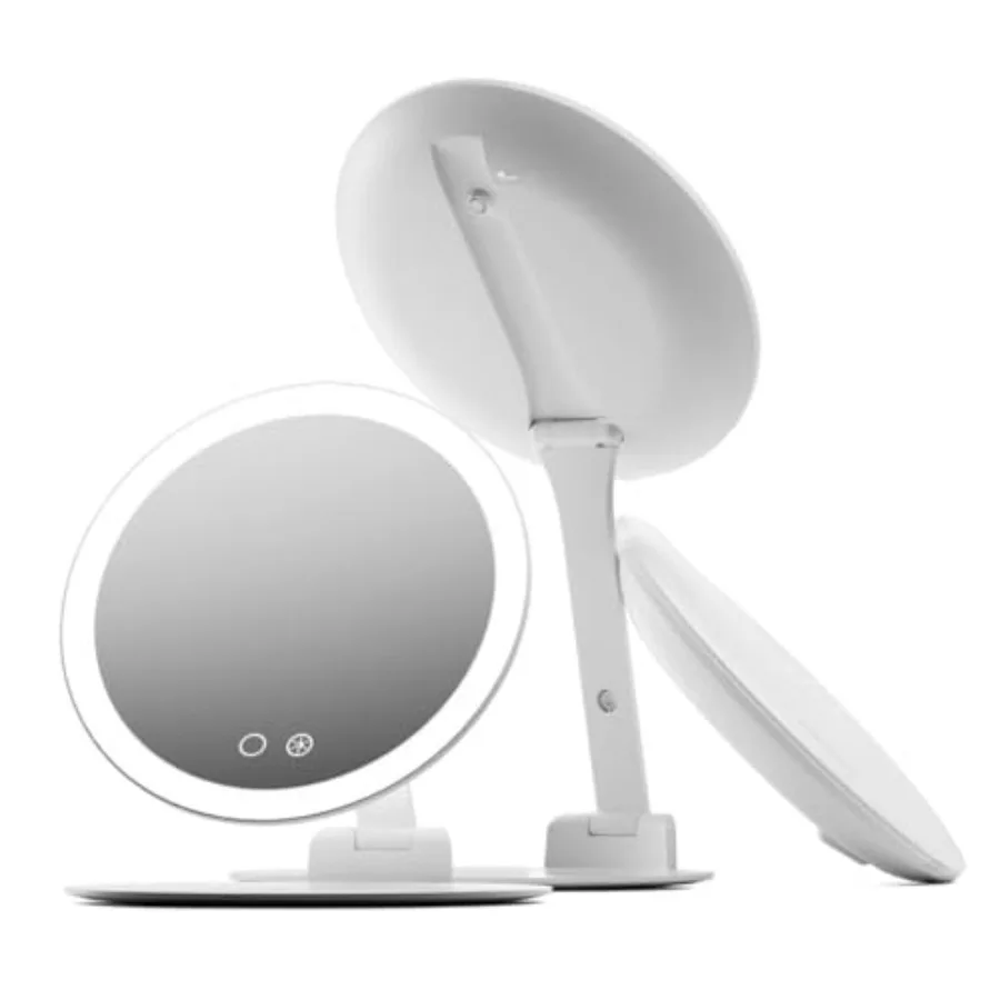 

10x Travel Magnifying Makeup Mirror with Lights Rechargeable Height Adjustable 8" Stand 3 Dimmable Color Modes Portable LED Van