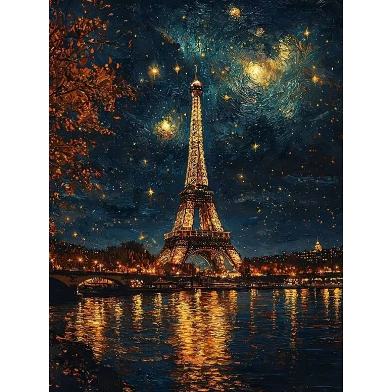 Vollrunde und quadratische Diamant-Mosaik-Sets: Eiffelturm, kleine Flüsse, Sterne, Landschaft – Diamantmalerei für Wanddekoration