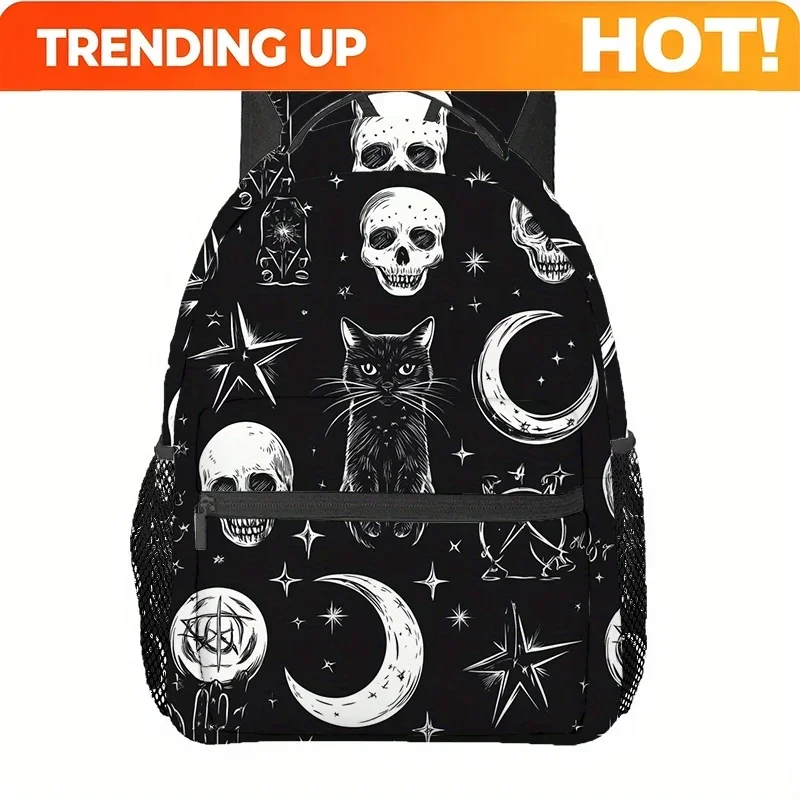 Custom Bag Gothic Skull Cat Moon Print Backpack - Lightweight Durable Polyester Unisex Hiking Backpack With Adjustable Straps, M