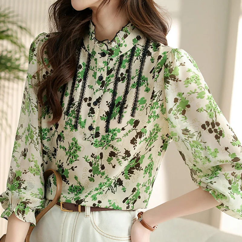 Elegant Floral Ruffles Blouse Spring Long Sleeve Chiffon Print Loose Thin Office Shirt Tops Fashion Temperament Women Clothing