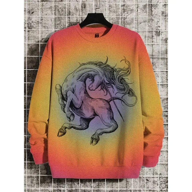 Nieuwe Heren Sweatshirt Pullover Eenhoorn Patroon Lange Mouw Print Sweatshirt Ronde Hals Top Herfst Grote Maat Heren Tops