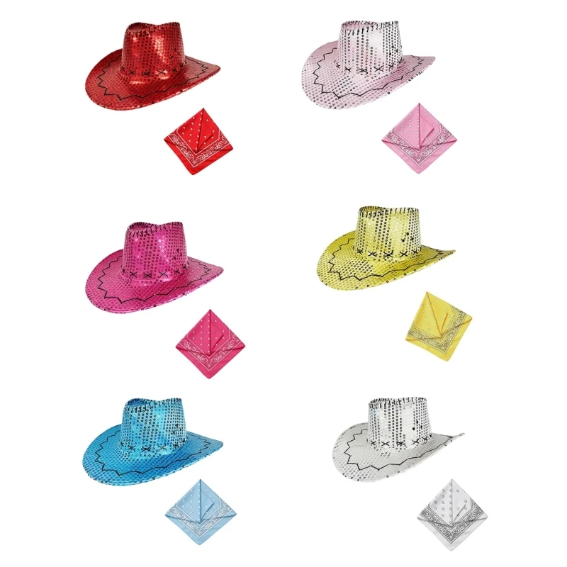 X5XA Rhinestones Cowgirls Hat and Bandana Set For Festive Occasion And Special Event