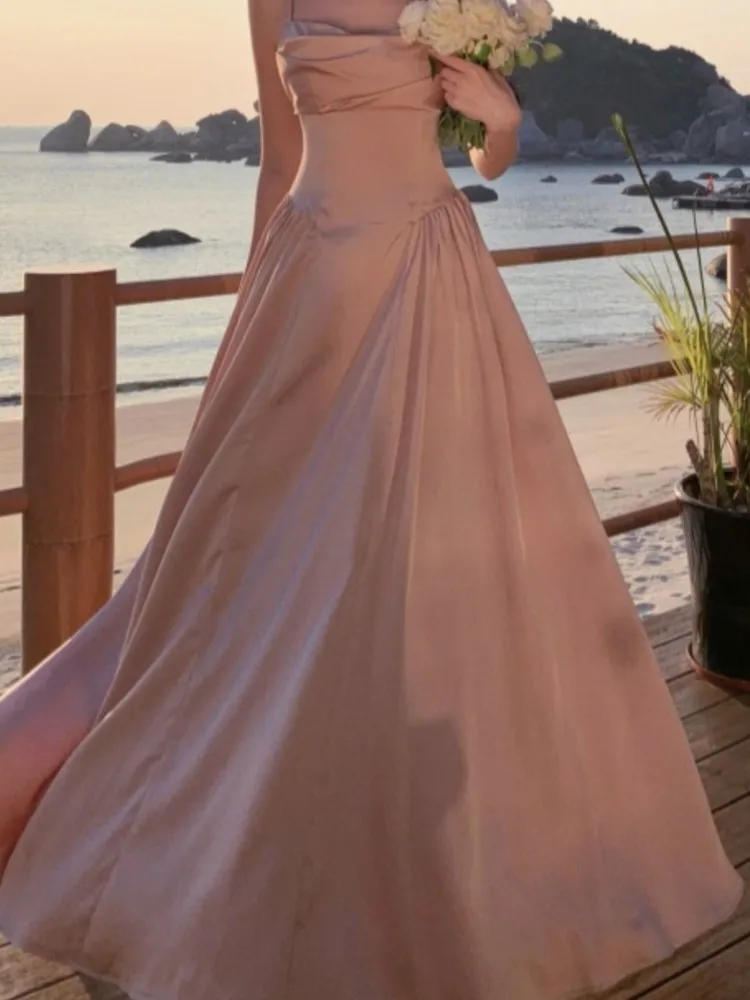 

Luxuty Chic Long Dress Women's Slim Wasit A-Line Pleated Party French Clothes Spring Summer Sling Dress New Mujer Vestidos