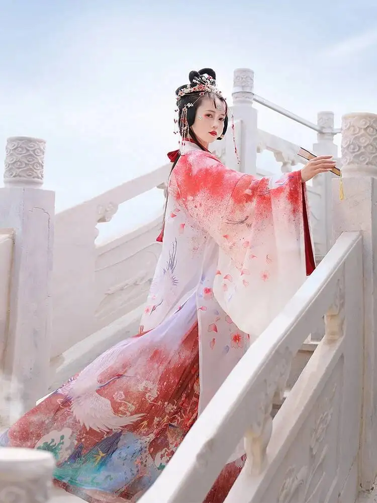 Hanfu de estilo chino, disfraces de Cosplay rojos, morados y blancos, vestidos para mujer, ropa de escenario, bata de danza folclórica, graduación con cuello cruzado